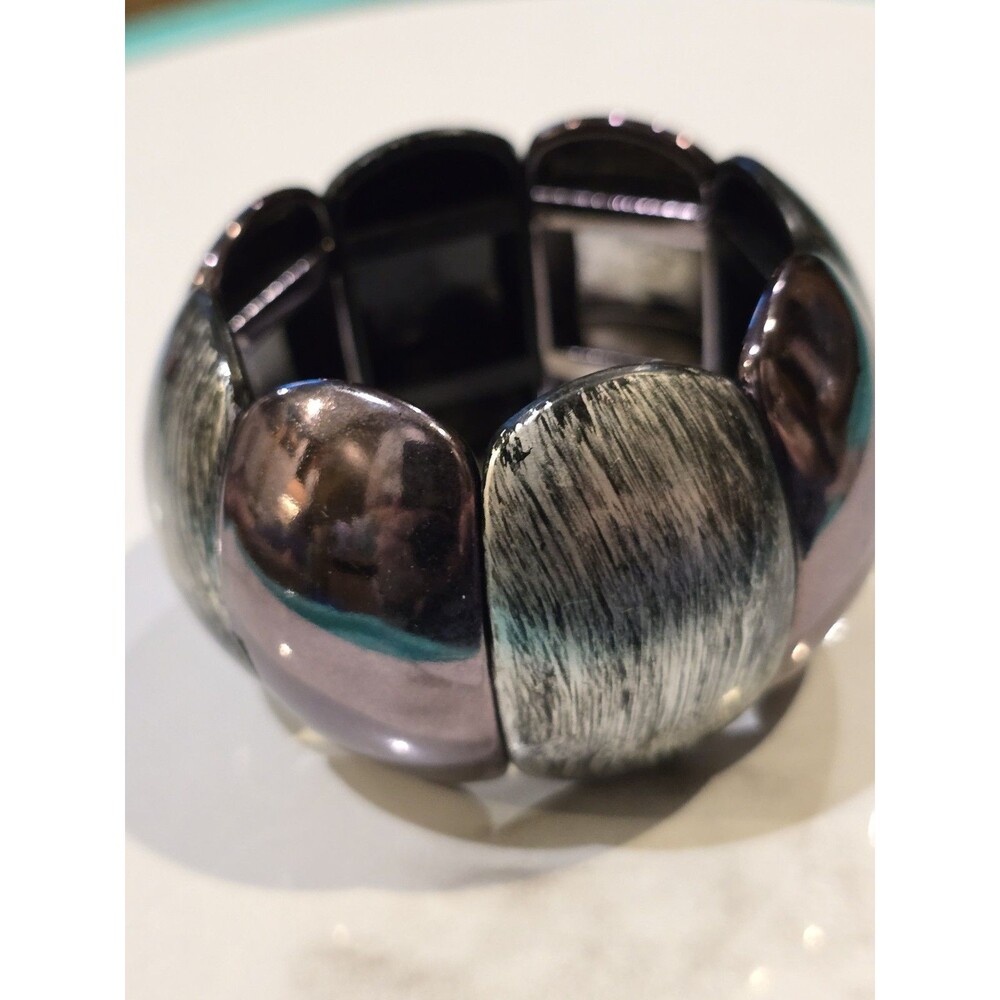 Lightweight Stretch Bracelet Gray Black Silver Tone Wide Statement Bracelet...